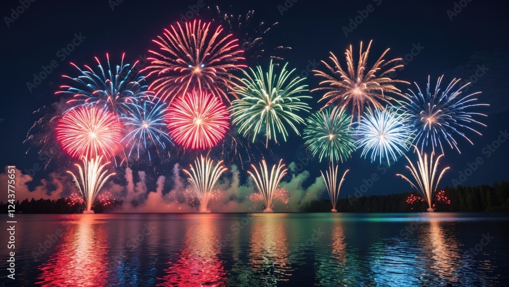 Poster vibrant fireworks illuminate the night sky reflecting on a calm lake creating a stunning visual spec