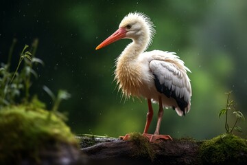 Fototapeta premium Fluffy white stork chick perched on a mossy branch in the rain