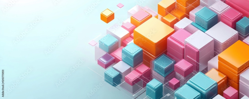 Poster a vibrant composition of colorful 3d cubes in various sizes, creating a dynamic, abstract visual eff