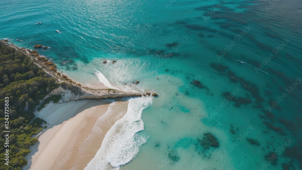 Poster aerial view of turquoise waters and serene beach with copy space for text and design elements in a t