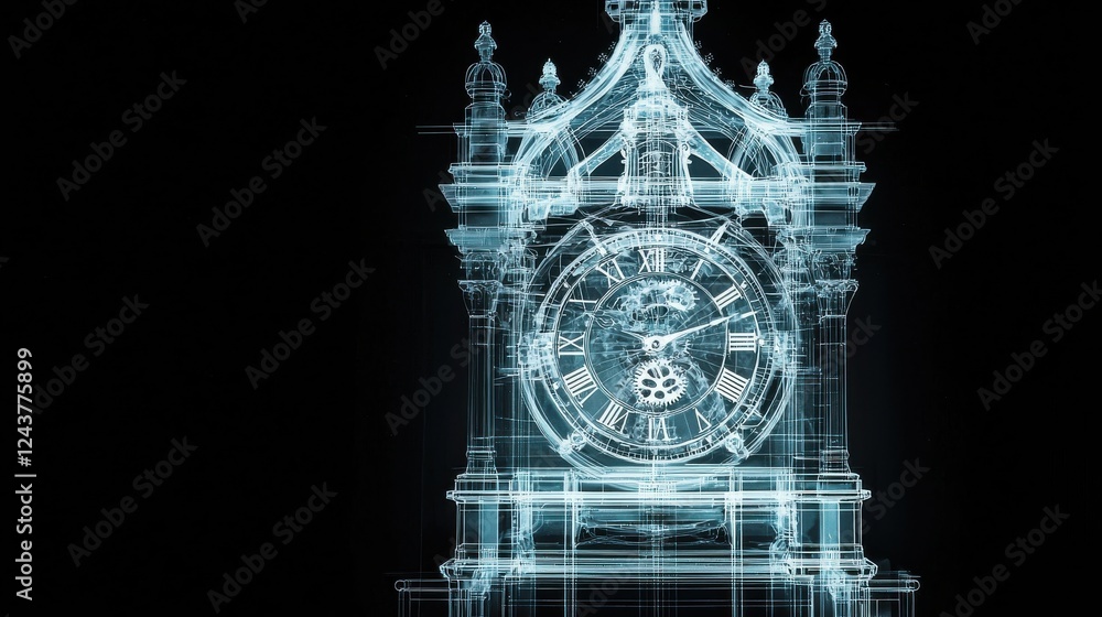 Poster intricate cyan digital clock on black background, glowing lines create ethereal design, futuristic a