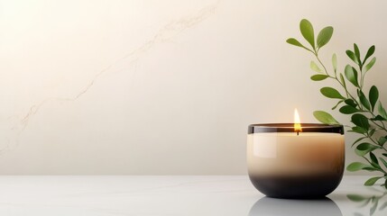 aromatherapy candles, modern kitchen counter with aromatherapy candles, fresh greenery, and warm neutral tones, exuding a tranquil ambiance add text