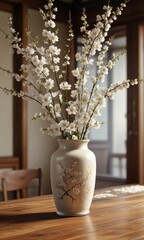 Vintage style white cherry blossoms in a vase on wooden table, spring, floral, delicate, romantic