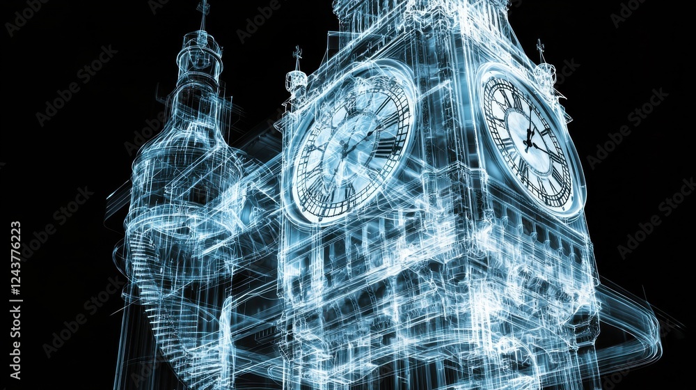 Poster abstract digital rendering of a clock tower, glowing blue and white against a black background. intr