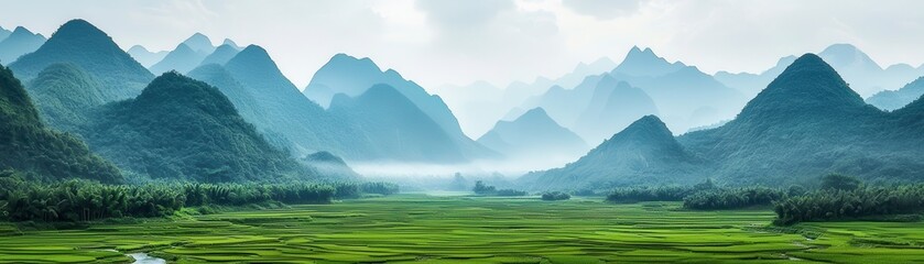 Obraz premium Serene Asian Landscape Lush Green Rice Terraces and Misty Mountains