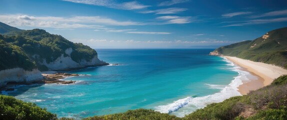 Obraz premium Serene Coastal Panorama with Lush Greenery and Vibrant Blue Waters Under a Clear Sky