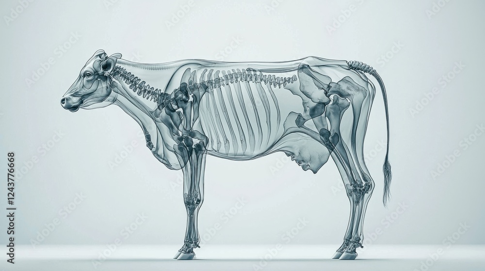 Poster abstract digital rendering of a cow's skeletal structure and musculature, shown in profile against a
