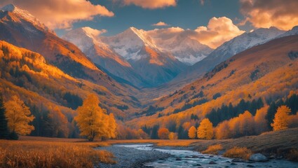 Obraz premium Breathtaking Autumn Mountain Landscape with Vibrant Foliage and Serene River in a Picturesque Valley under Dramatic Sky