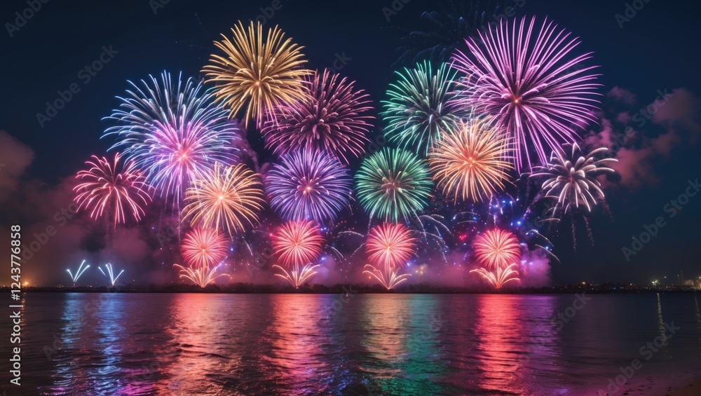 Poster vibrant colorful fireworks display over water at night with reflections and empty space for custom t