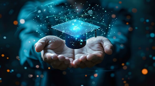 Glowing graduation cap hologram floating above open palms against dark background, perfect for education, future learning and academic achievement concepts.