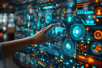 Fototapeta premium Futuristic digital interface with hand touching virtual screen displaying global technology network and data visualization elements in blue and orange glowing design perfect for tech concepts.