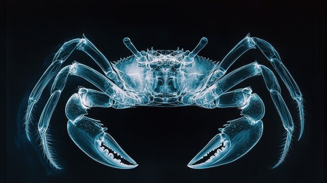 Close up of a crab, digitally rendered in shades of blue and white against a black background. The image has a pixelated, almost ethereal quality.