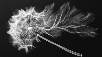 Abstract dandelion seed head, rendered in white particles against a black background. The delicate seed head and stem are detailed.