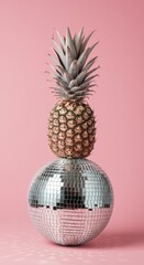 A unique decorative arrangement showcases a pineapple perched on top of a shiny disco ball, set against a vibrant pink backdrop. This playful composition adds charm to any decor