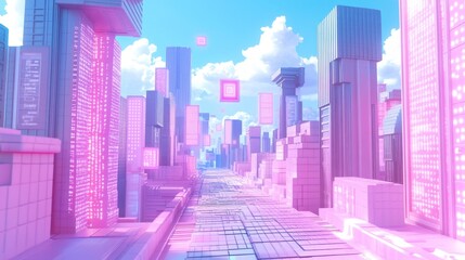 Fototapeta premium A vibrant, futuristic cityscape with towering structures and pink hues, set against a bright blue sky, evoking a digital or cyberpunk aesthetic.