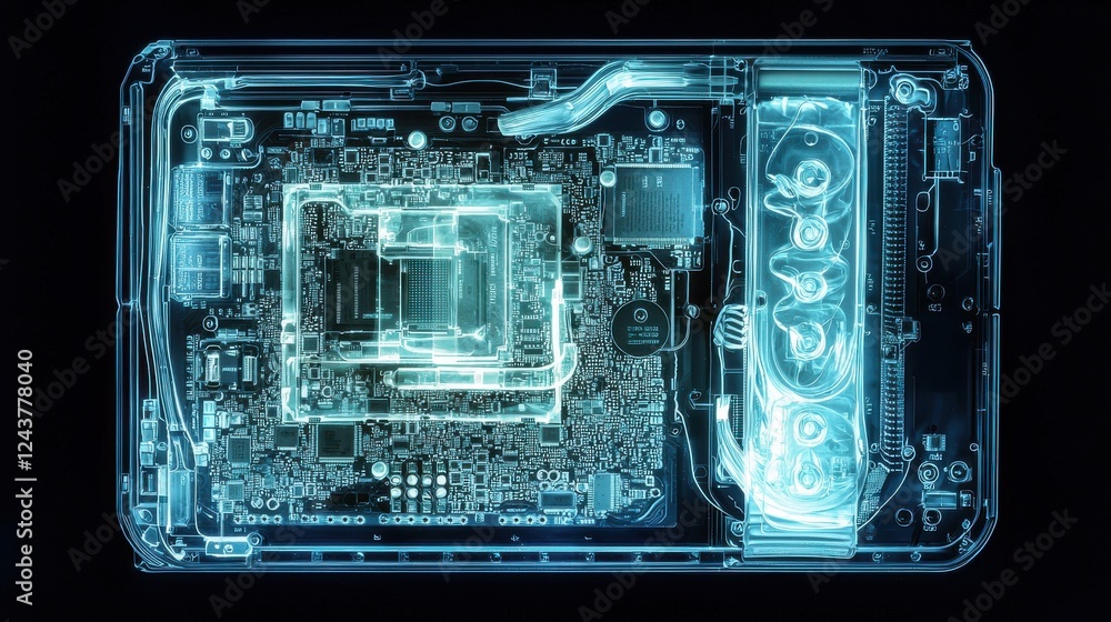 Poster abstract close up of a glowing circuit board with intricate details, showcasing technological comple