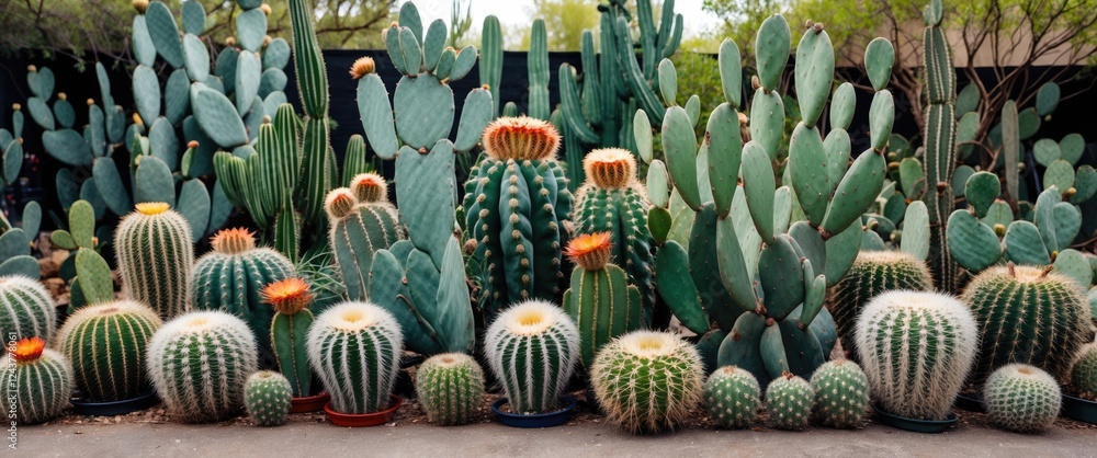 Poster diverse collection of cacti in a garden setting with space for text overlay natural background
