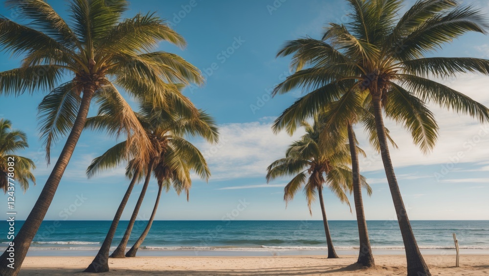 Poster tranquil beach scene featuring palm trees under a clear blue sky with ample space for adding persona