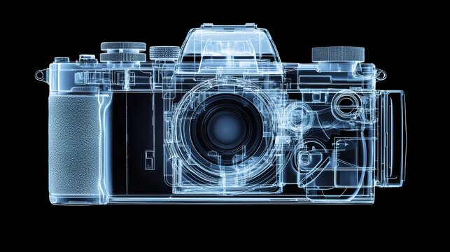 Abstract image of a camera, rendered in glowing blue lines against a black background. The detailed design is visible in a futuristic, almost x ray like style.