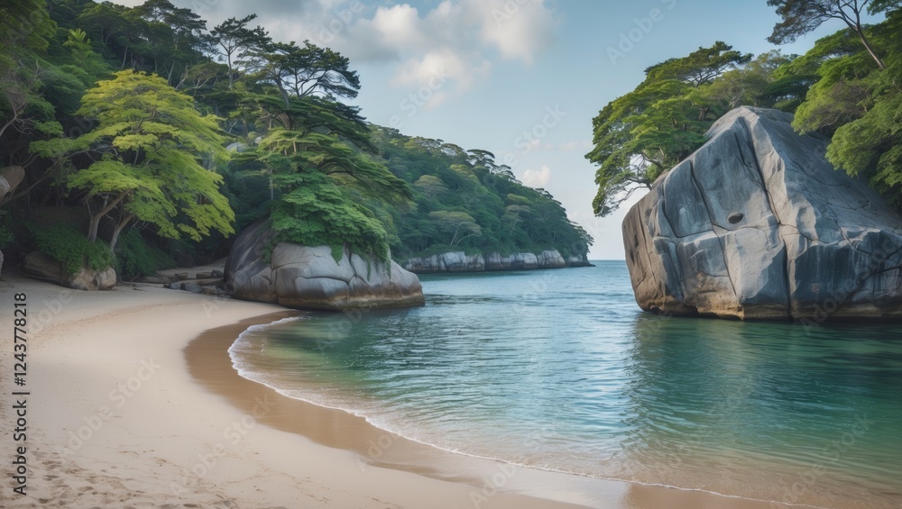 Poster serene beach with massive rock surrounded by water and lush green trees ideal for relaxation and con