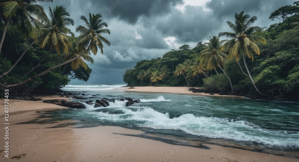 Aufkleber tropical rainforest stream flowing to a beach with palm trees and a stormy sky creating a serene yet