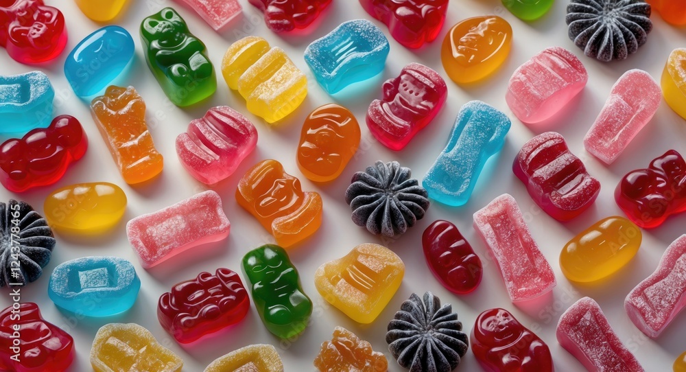 Poster colorful assorted gummy candies displayed from above with empty space for custom text and messaging 