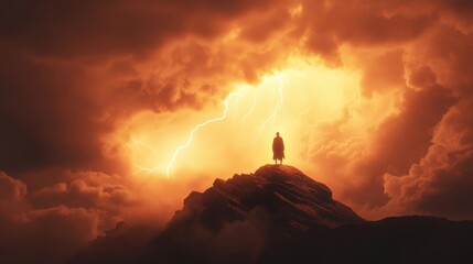 Fototapeta premium A silhouette of a lone figure standing on a hilltop as lightning illuminates the entire sky, dramatic contrast between darkness and light, a surreal and awe-inspiring moment