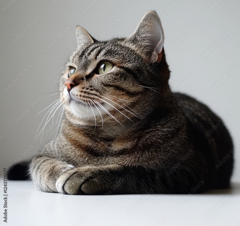Poster cat relaxing on a surface with soft lighting, capturing feline features and expressions in a calm an