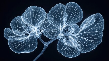 Abstract digital art of orchid flowers with glowing light blue lines on a black background. Detailed and intricate design.