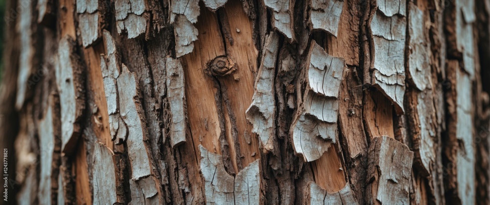 Poster close-up view of textured tree bark revealing layered patterns and natural tones in a forest environ