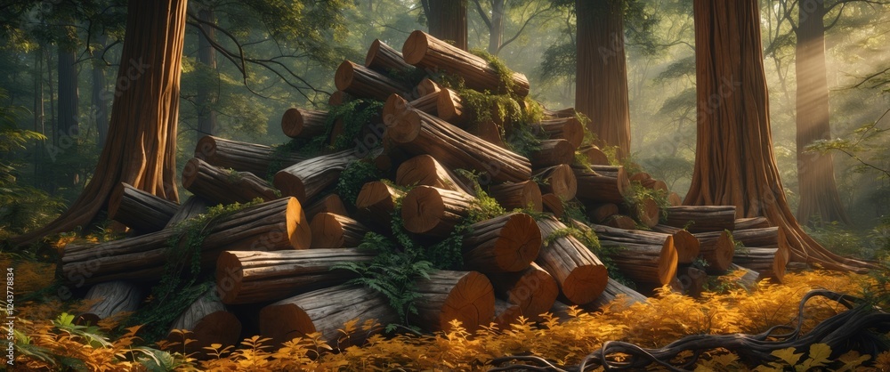 Poster sunlit forest scene with pile of logs surrounded by ferns and tall trees in autumnal atmosphere