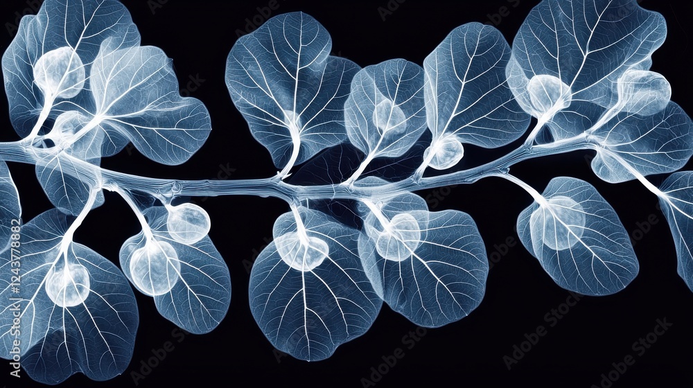 Aufkleber abstract image of a plant branch with translucent leaves and berries against a black background. the