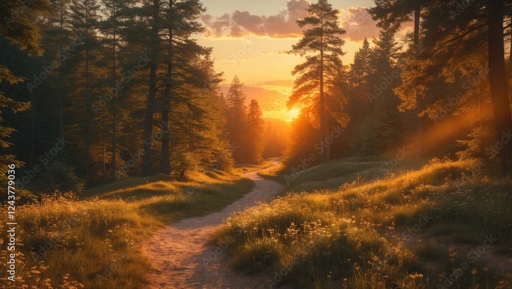 Poster serene forest trail at sunset with sunlight filtering through trees and empty space for text ideas