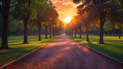 Obraz premium Sunset Pathway in Park Surrounded by Lush Green Trees with Open Space for Text and Warm Glow of Dusk Enhancing the Scenic Beauty.
