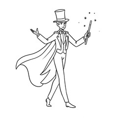 A black line drawing of a magician performing, black and white illustration.