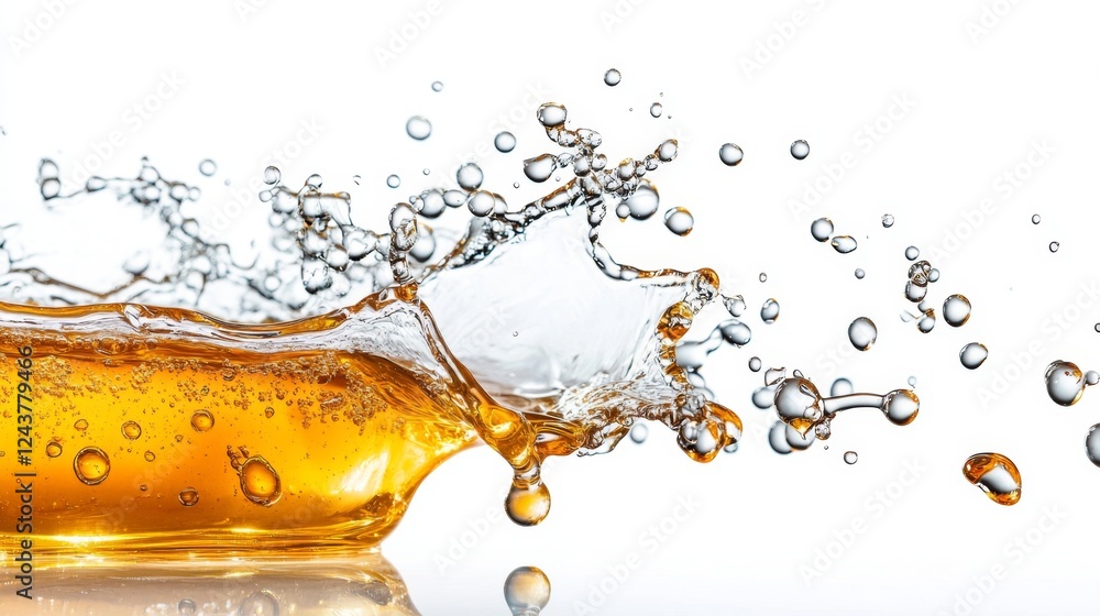 Poster Golden honey splashes energetically as it collides with a surface, forming a cascade of droplets. The clarity of the setting enhances the vibrant color and movement of the liquid.