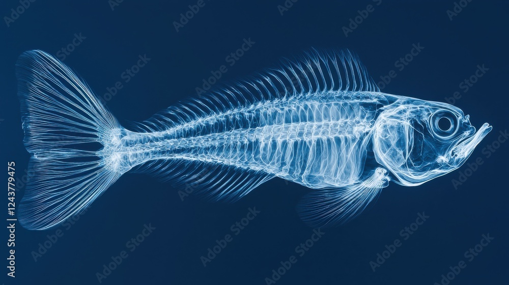 Poster detailed close up of a translucent fish skeleton against a dark blue background. the intricate bone 