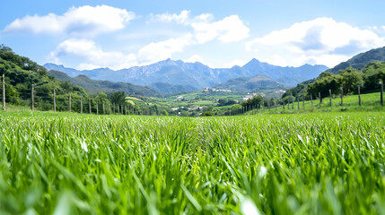 Green field path to mountain valley