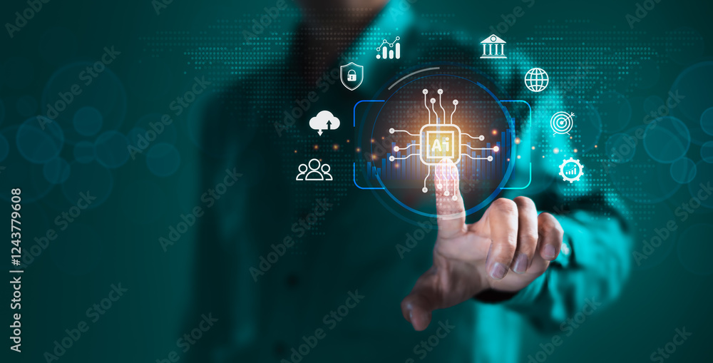 Aufkleber man interacting with ai technology icons for daily life applications