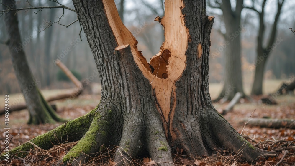 Poster tree stump with a large split showcasing the remnants of a fallen tree in a serene forest environmen