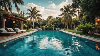 Luxury private swimming pool in a tropical garden setting with palm trees and serene atmosphere ideal for relaxation and leisure activities.