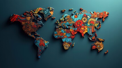 Colorful doodle world map, dark background, global travel concept