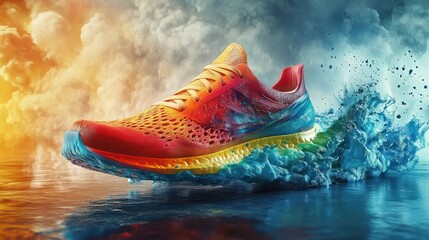 Colorful running shoe splashing, dynamic sky, ad campaign