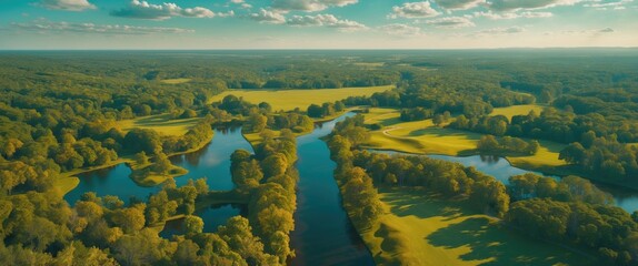 Aerial Landscape View of Scenic State Park with Lush Greenery and Waterways Ideal for Nature and Travel Themes