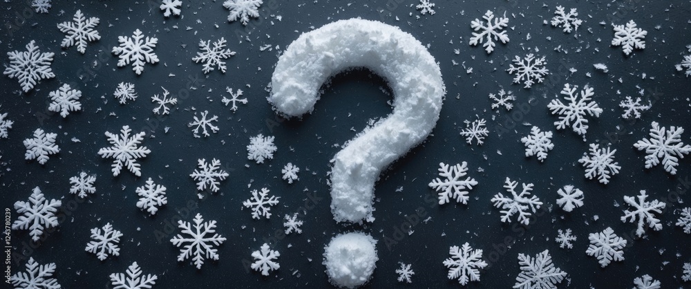Poster snowy question mark on a dark surface surrounded by snowflakes symbolizing uncertainty about upcomin