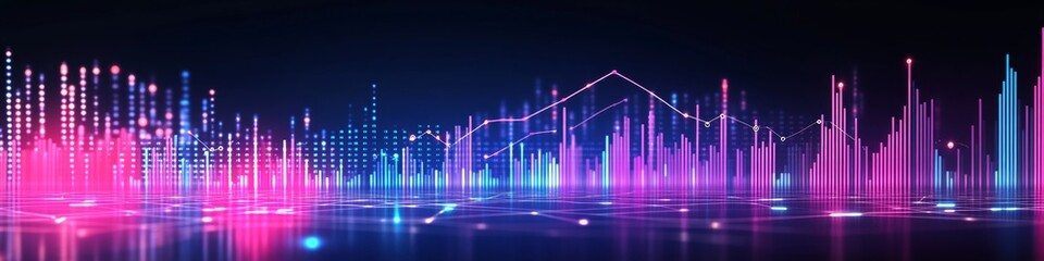 Vibrant Financial Market Chart with Upward Trend, Data Points, and Glowing Lines on Dark Background
