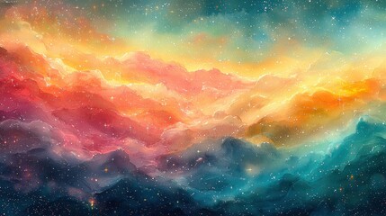 Fototapeta premium A vibrant cosmic landscape featuring swirling clouds of color, stars twinkling in the background, evoking a sense of wonder
