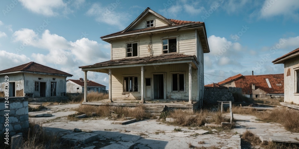 Poster abandoned house in a deserted village on an island with overgrown grass and empty sky space for text
