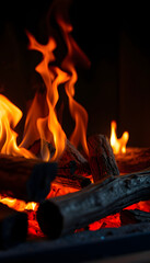 Autumn or winter burning fireplace cozy evening concept close up. Close up shot of burning firewood in the fireplace, dinamic scene. with white shades