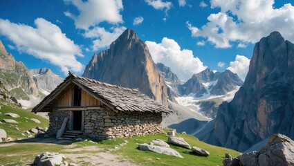 Ancient mountain hut surrounded by majestic rock towers under a blue sky with white clouds offering ample space for text placement.